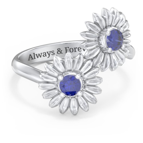 Sunflower Birthstone Bypass Ring – Sterling Silver with Blue Sapphire