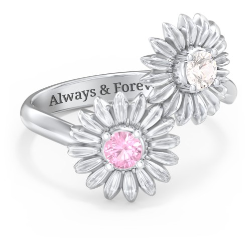 Sunflower Birthstone Bypass Ring – Sterling Silver with White Premium Zirconia and Pink Tourmaline