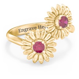 Sunflower Birthstone Bypass Ring in 10K Solid Yellow Gold with Ruby