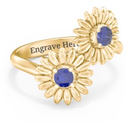 Sunflower Birthstone Bypass Ring in 10K Solid Yellow Gold with Blue Sapphire