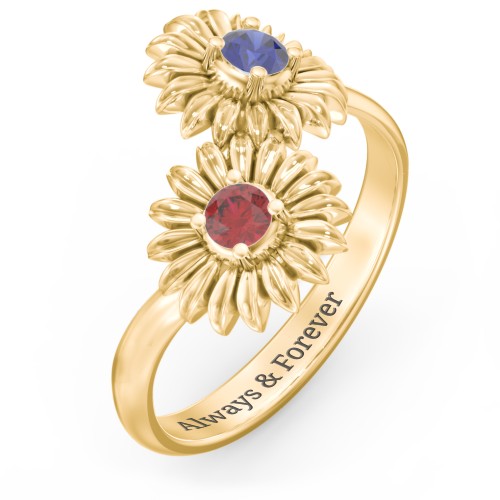 Sunflower Birthstone Bypass Ring – 10K Yellow Gold with Blue Sapphire and Garnet