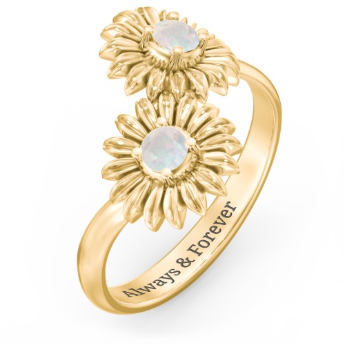 Sunflower Birthstone Bypass Ring – 10K Yellow Gold with Opal