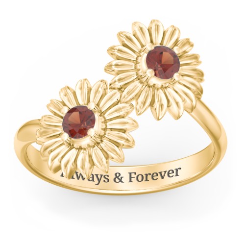 Sunflower Birthstone Bypass Ring – 10K Yellow Gold with Garnet