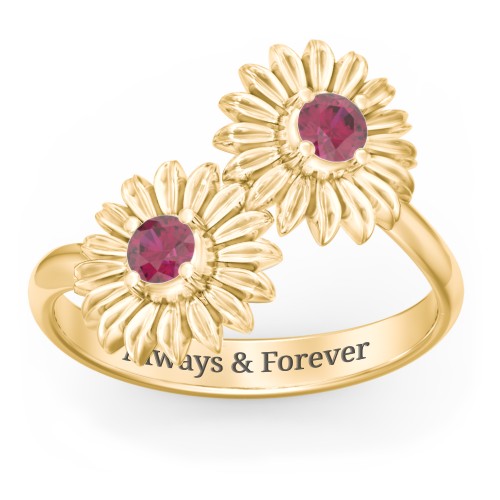Sunflower Birthstone Bypass Ring – 10K Yellow Gold with Ruby