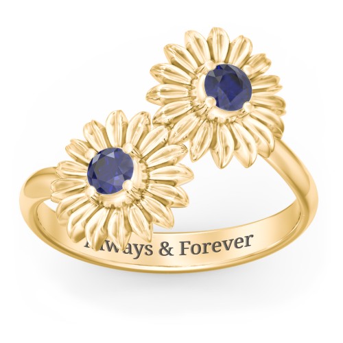 Sunflower Birthstone Bypass Ring – 10K Yellow Gold with Blue Sapphire
