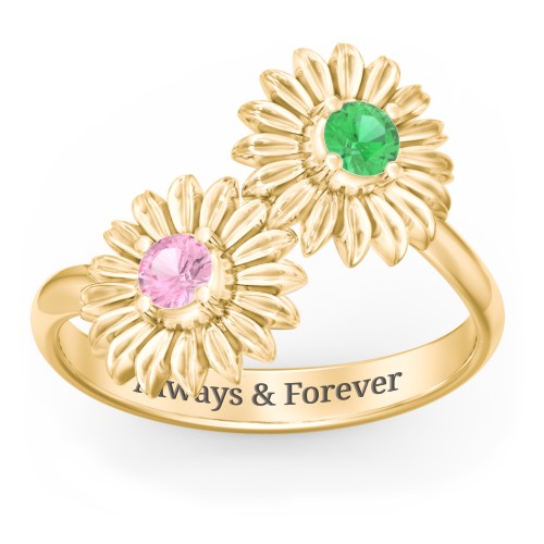 Sunflower Birthstone Bypass Ring – 10K Yellow Gold with Emerald and Pink Tourmaline