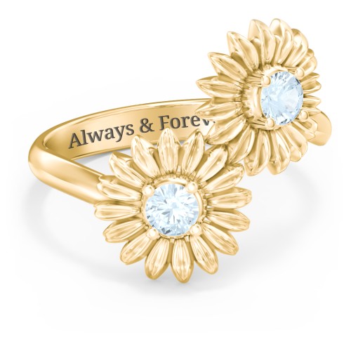 Sunflower Birthstone Bypass Ring – 10K Yellow Gold with Aquamarine