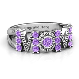 Split Shank Stone Filled MOM Ring in 925 Sterling Silver with Amethyst