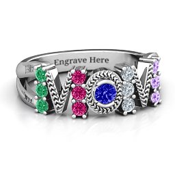 Split Shank Stone Filled MOM Ring in 925 Sterling Silver with Emerald, Ruby, Cubic Zirconia, Amethyst, and Blue Sapphire