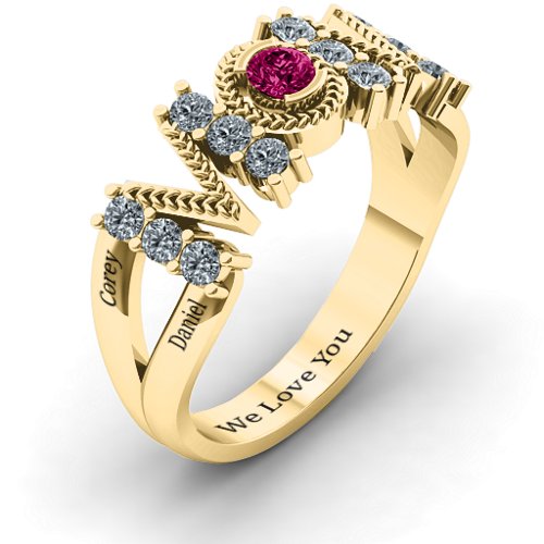 Split Shank Stone Filled MOM Ring – 10K Yellow Gold with Cubic Zirconia and Ruby