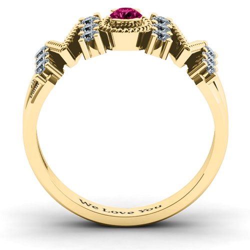 Split Shank Stone Filled MOM Ring – 10K Yellow Gold with Cubic Zirconia and Ruby