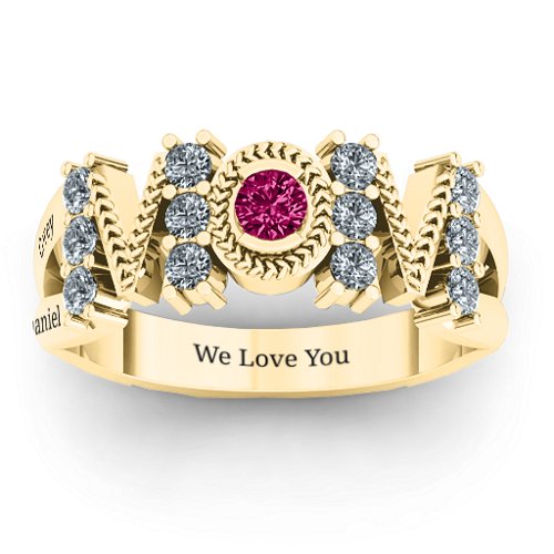 Split Shank Stone Filled MOM Ring – 10K Yellow Gold with Cubic Zirconia and Ruby