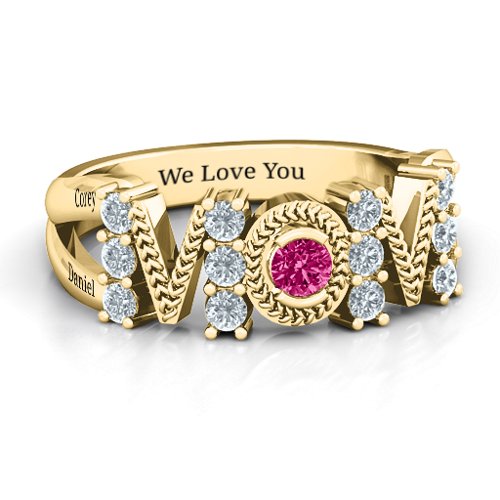 Split Shank Stone Filled MOM Ring – 10K Yellow Gold with Cubic Zirconia and Ruby
