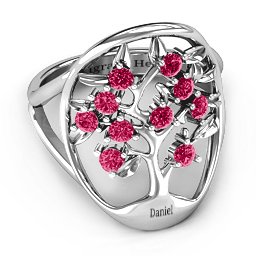 Oval Family Tree Ring in 925 Sterling Silver with Ruby