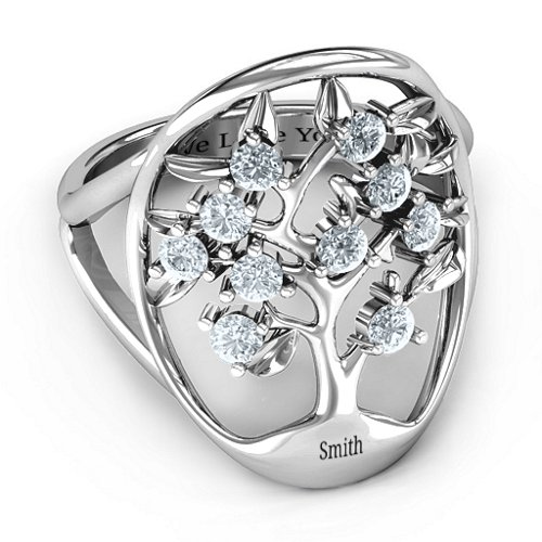 Oval Family Tree Ring – Sterling Silver with Cubic Zirconia
