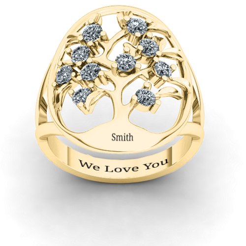 Oval Family Tree Ring – 10K Yellow Gold with Cubic Zirconia