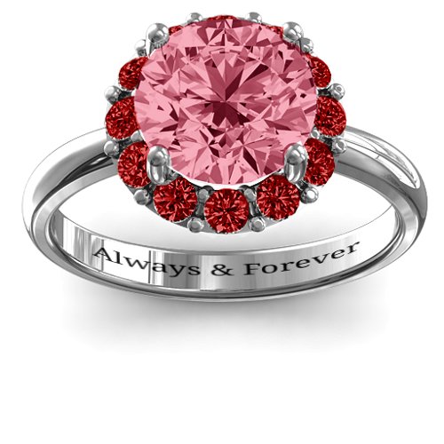 Victoria Single Halo Ring – Sterling Silver with Red Premium Zirconia and Garnet