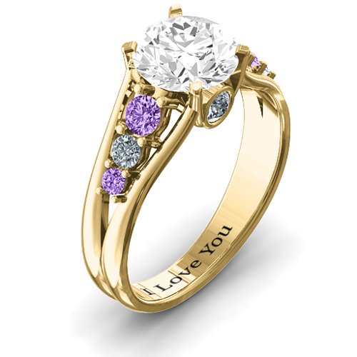Radiant Love Ring with Collar Gems – 10K Yellow Gold with White Premium Zirconia, Amethyst, and Cubic Zirconia