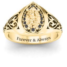 Aphrodite Ring with Side Gems in 10K Solid Yellow Gold with Fancy Yellow Premium Zirconia, Black Premium Zirconia, and Cubic Zirconia