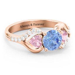 Hearts United Gemstone Ring with Accents in 10K Solid Rose Gold with Fancy Blue Premium Zirconia, Pink Tourmaline, and White Premium Zirconia