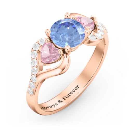 Hearts United Gemstone Ring with Accents – 10K Rose Gold with Fancy Blue Premium Zirconia, Pink Tourmaline, and White Premium Zirconia
