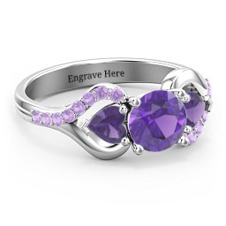Hearts United Gemstone Ring with Accents in 925 Sterling Silver with Amethyst Premium Zirconia and Amethyst
