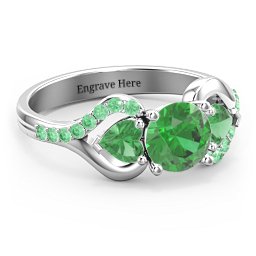Hearts United Gemstone Ring with Accents in 925 Sterling Silver with Green Premium Zirconia and Emerald