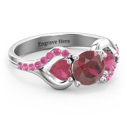 Hearts United Gemstone Ring with Accents in 925 Sterling Silver with Red Premium Zirconia and Ruby