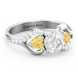 Hearts United Gemstone Ring with Accents in 925 Sterling Silver with White Premium Zirconia and Citrine
