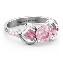 Hearts United Gemstone Ring with Accents in 925 Sterling Silver with Fancy Pink Premium Zirconia and Pink Tourmaline