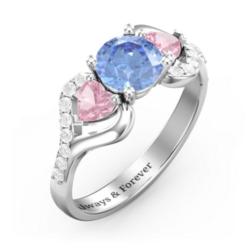 Hearts United Gemstone Ring with Accents – Sterling Silver with Fancy Blue Premium Zirconia, Pink Tourmaline, and White Premium Zirconia