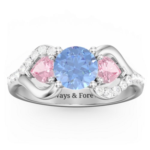 Hearts United Gemstone Ring with Accents – Sterling Silver with Fancy Blue Premium Zirconia, Pink Tourmaline, and White Premium Zirconia