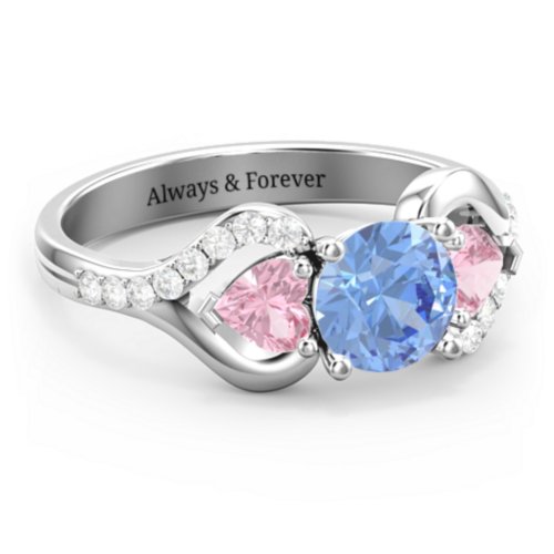 Hearts United Gemstone Ring with Accents – Sterling Silver with Fancy Blue Premium Zirconia, Pink Tourmaline, and White Premium Zirconia