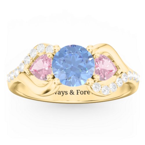 Hearts United Gemstone Ring with Accents – 10K Yellow Gold with Fancy Blue Premium Zirconia, Pink Tourmaline, and White Premium Zirconia