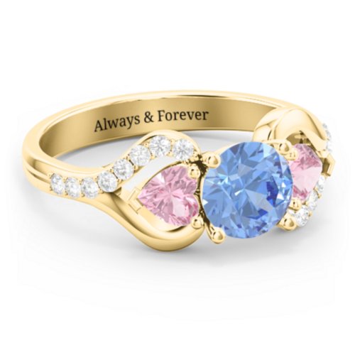 Hearts United Gemstone Ring with Accents – 10K Yellow Gold with Fancy Blue Premium Zirconia, Pink Tourmaline, and White Premium Zirconia