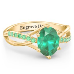 Oval Cut Gemstone Ring with Twisted Band and Accents in 18K Gold Plated Silver with Emerald and Green Premium Zirconia