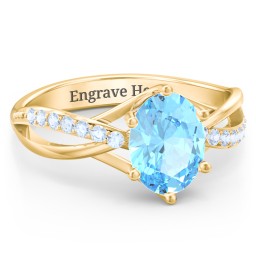 Oval Cut Gemstone Ring with Twisted Band and Accents in 18K Gold Plated Silver with Blue Topaz and Fancy Blue Premium Zirconia