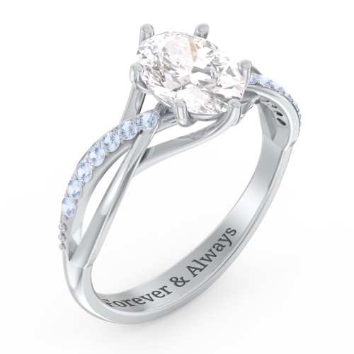 Oval Cut Gemstone Ring with Twisted Band and Accents – 10K White Gold with White Premium Zirconia and Fancy Blue Premium Zirconia
