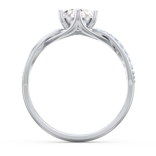 Oval Cut Gemstone Ring with Twisted Band and Accents – 10K White Gold with White Premium Zirconia and Fancy Blue Premium Zirconia
