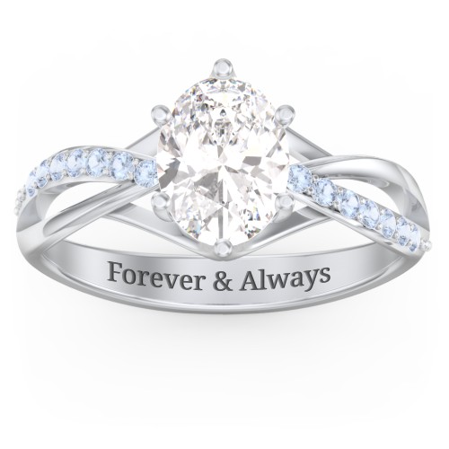 Oval Cut Gemstone Ring with Twisted Band and Accents – 10K White Gold with White Premium Zirconia and Fancy Blue Premium Zirconia
