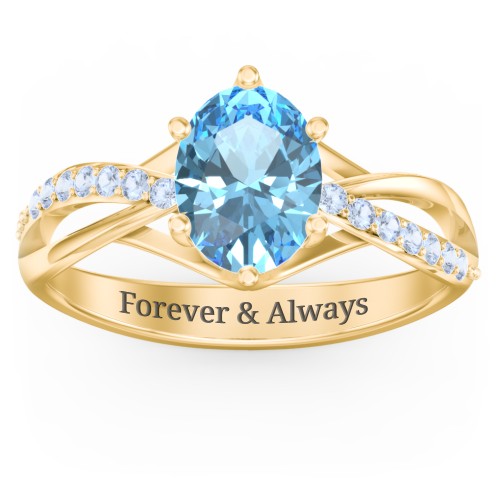 Oval Cut Gemstone Ring with Twisted Band and Accents – 18K Gold Plated Silver with Blue Topaz and Fancy Blue Premium Zirconia