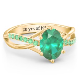 Oval Cut Gemstone Ring with Twisted Band and Accents in 18K Gold Plated Silver with Emerald and Green Premium Zirconia