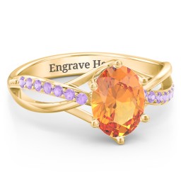 Oval Cut Gemstone Ring with Twisted Band and Accents in 18K Gold Plated Silver with Citrine and Amethyst Premium Zirconia