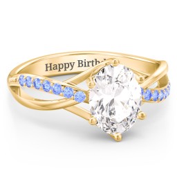 Oval Cut Gemstone Ring with Twisted Band and Accents in 18K Gold Plated Silver with White Premium Zirconia and Fancy Blue Premium Zirconia