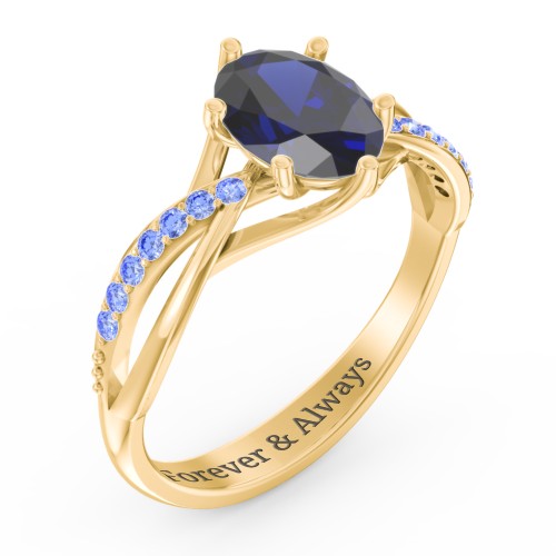Oval Cut Gemstone Ring with Twisted Band and Accents – 18K Gold Plated Silver with Blue Sapphire and Fancy Blue Premium Zirconia