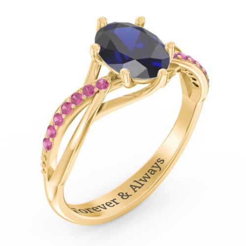 Oval Cut Gemstone Ring with Twisted Band and Accents – 18K Gold Plated Silver with Blue Sapphire and Red Premium Zirconia