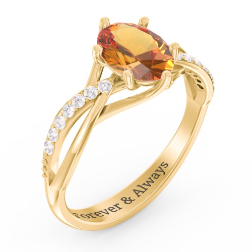 Oval Cut Gemstone Ring with Twisted Band and Accents – 18K Gold Plated Silver with Citrine and White Premium Zirconia