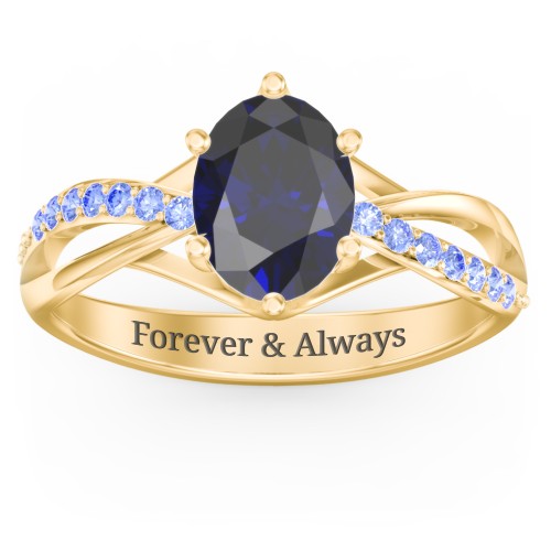 Oval Cut Gemstone Ring with Twisted Band and Accents – 18K Gold Plated Silver with Blue Sapphire and Fancy Blue Premium Zirconia