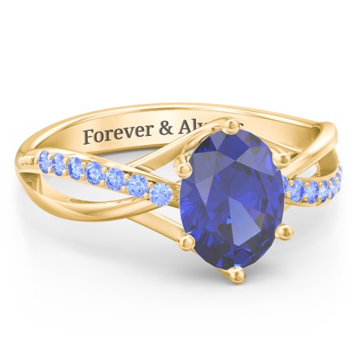 Oval Cut Gemstone Ring with Twisted Band and Accents – 18K Gold Plated Silver with Blue Sapphire and Fancy Blue Premium Zirconia