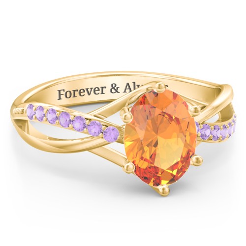 Oval Cut Gemstone Ring with Twisted Band and Accents – 18K Gold Plated Silver with Citrine and Amethyst Premium Zirconia
